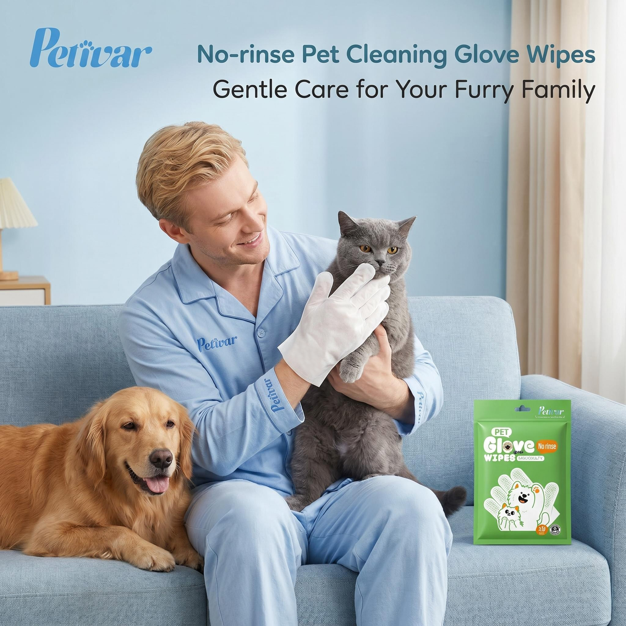 Professional Green 10 Count No-Rinse Pet Glove Wipes for Quick Body Cleaning and Coat Freshening for Dogs & Cats