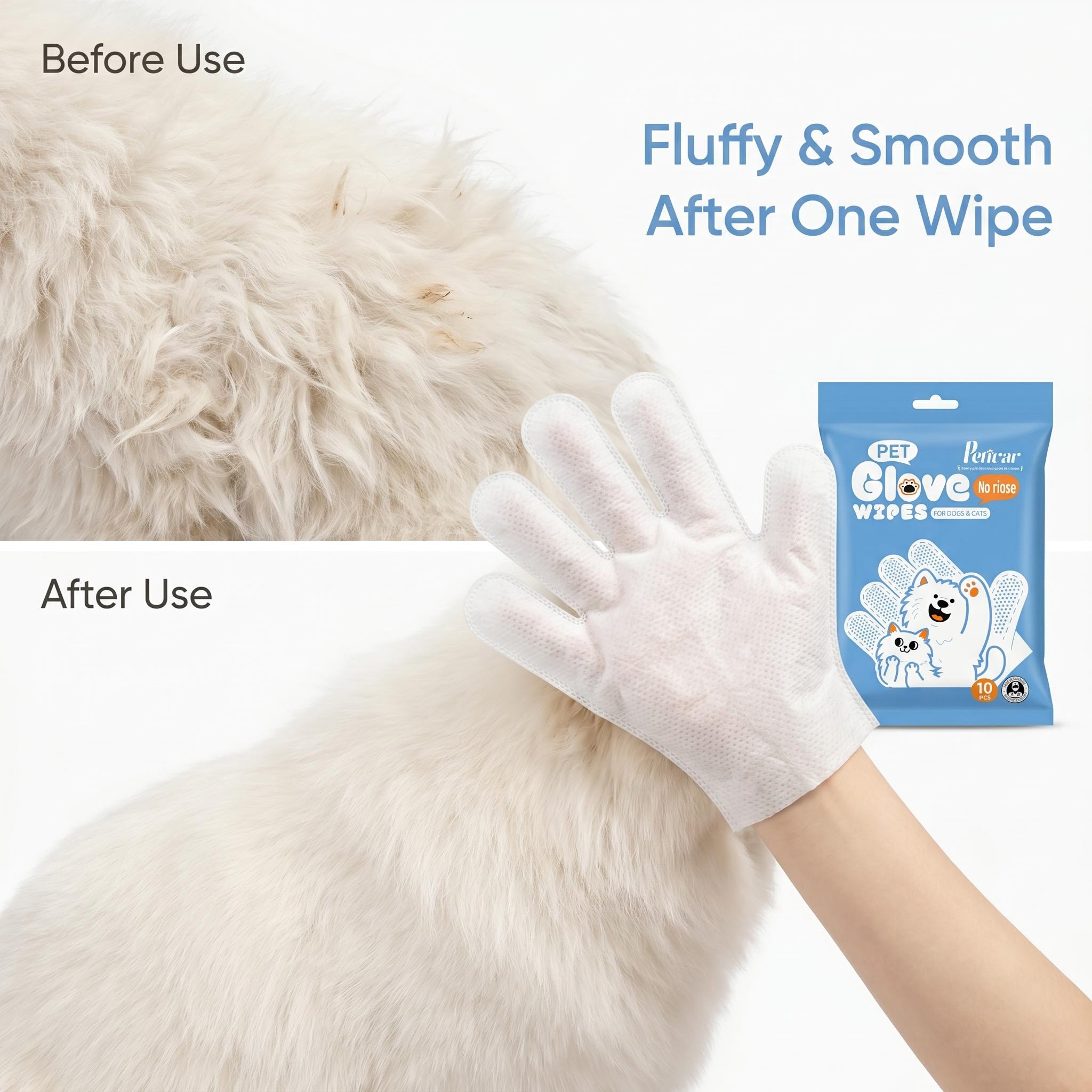 Professional 10 Count No-Rinse Pet Glove Wipes for Quick Body Cleaning and Coat Freshening for Dogs & Cats