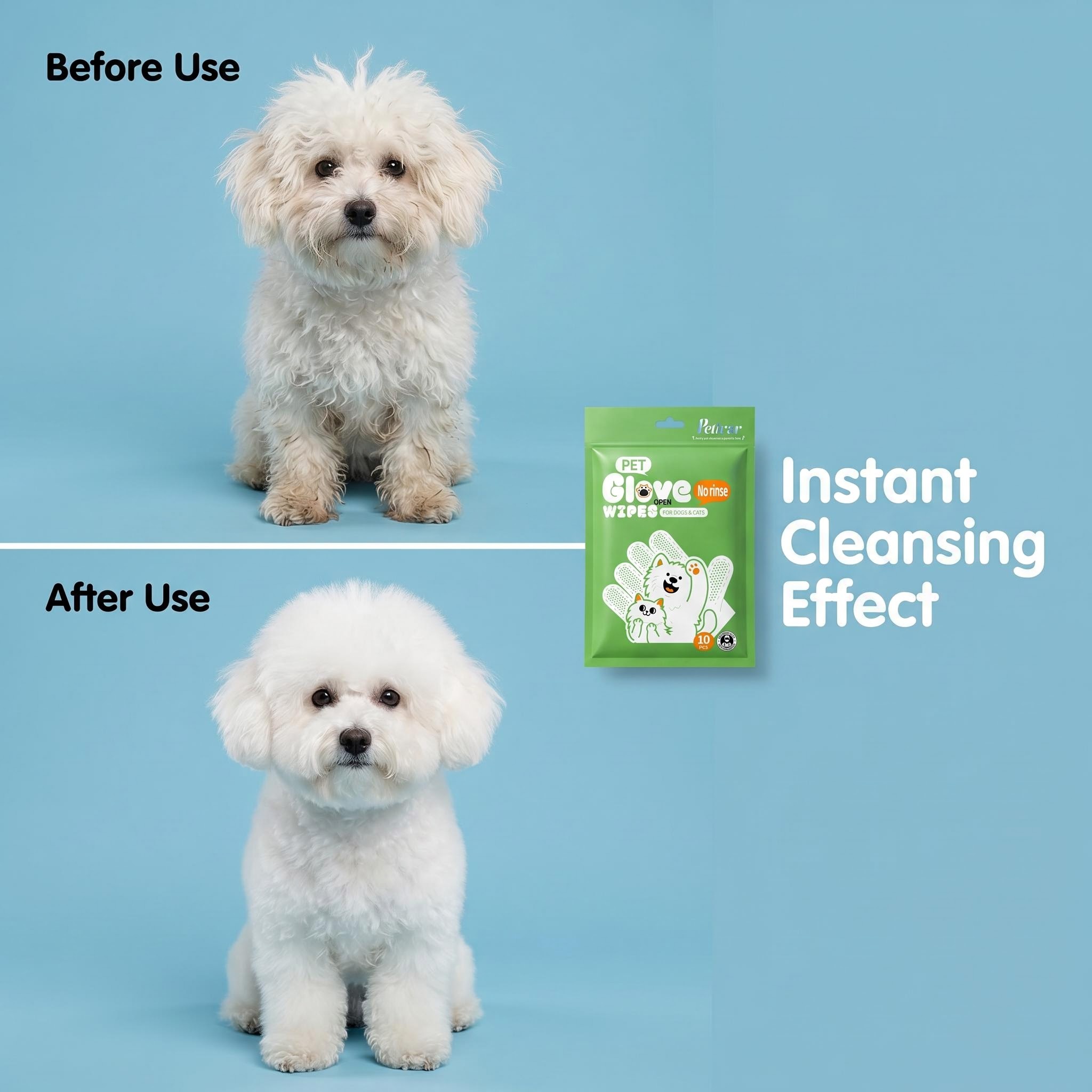 Professional Green 10 Count No-Rinse Pet Glove Wipes for Quick Body Cleaning and Coat Freshening for Dogs & Cats