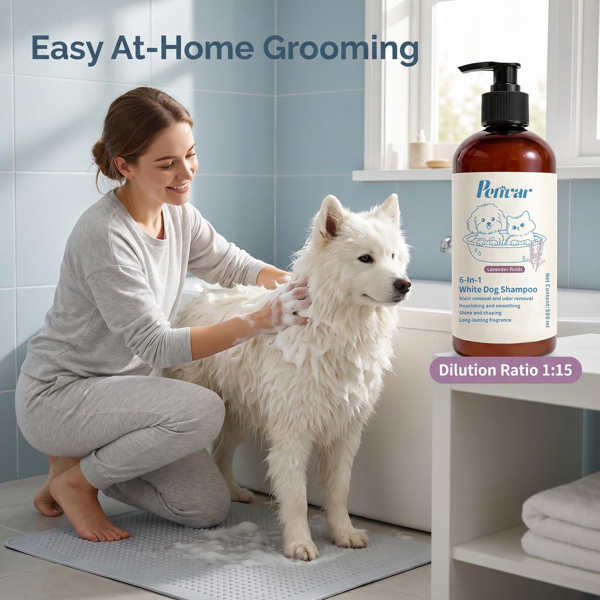 Professional White Coat Dog Shampoo for Removing Yellow Stains and Enhancing Shine
