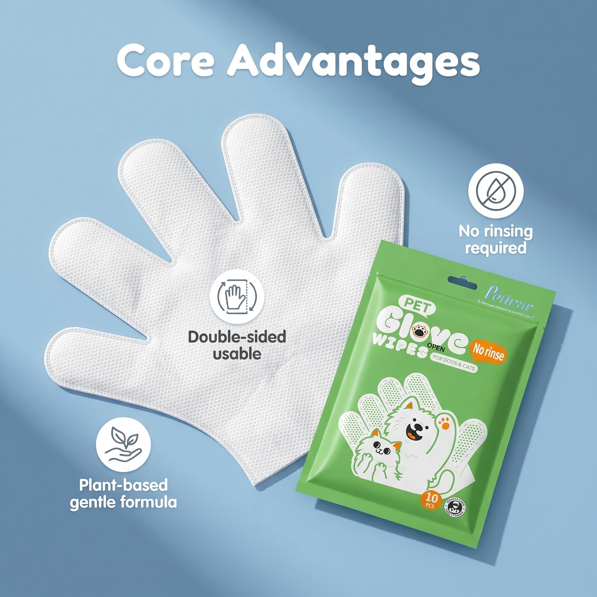 Professional Green 10 Count No-Rinse Pet Glove Wipes for Quick Body Cleaning and Coat Freshening for Dogs & Cats