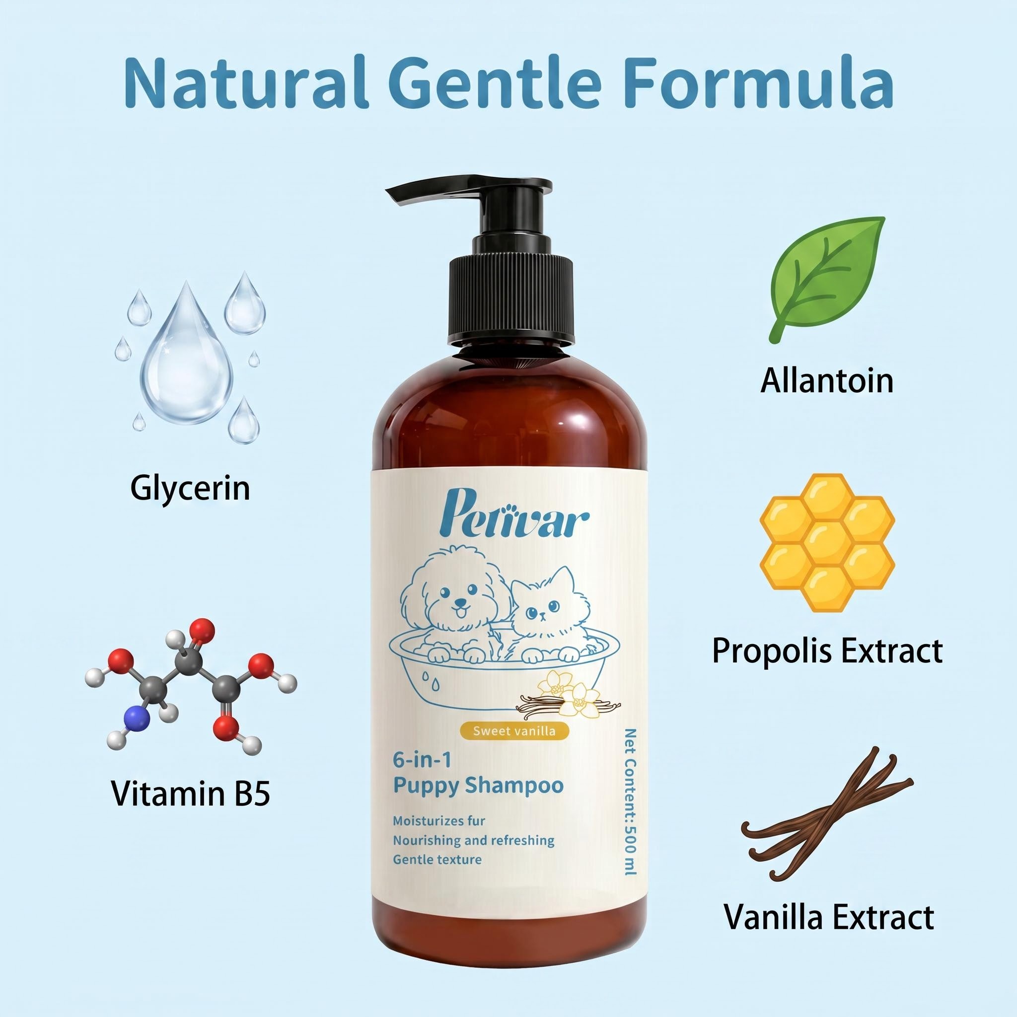 Professional Sweet Vanilla Scent 6-in-1 Puppy Shampoo for Deep Moisturizing and Softening Pet Fur for Dogs
