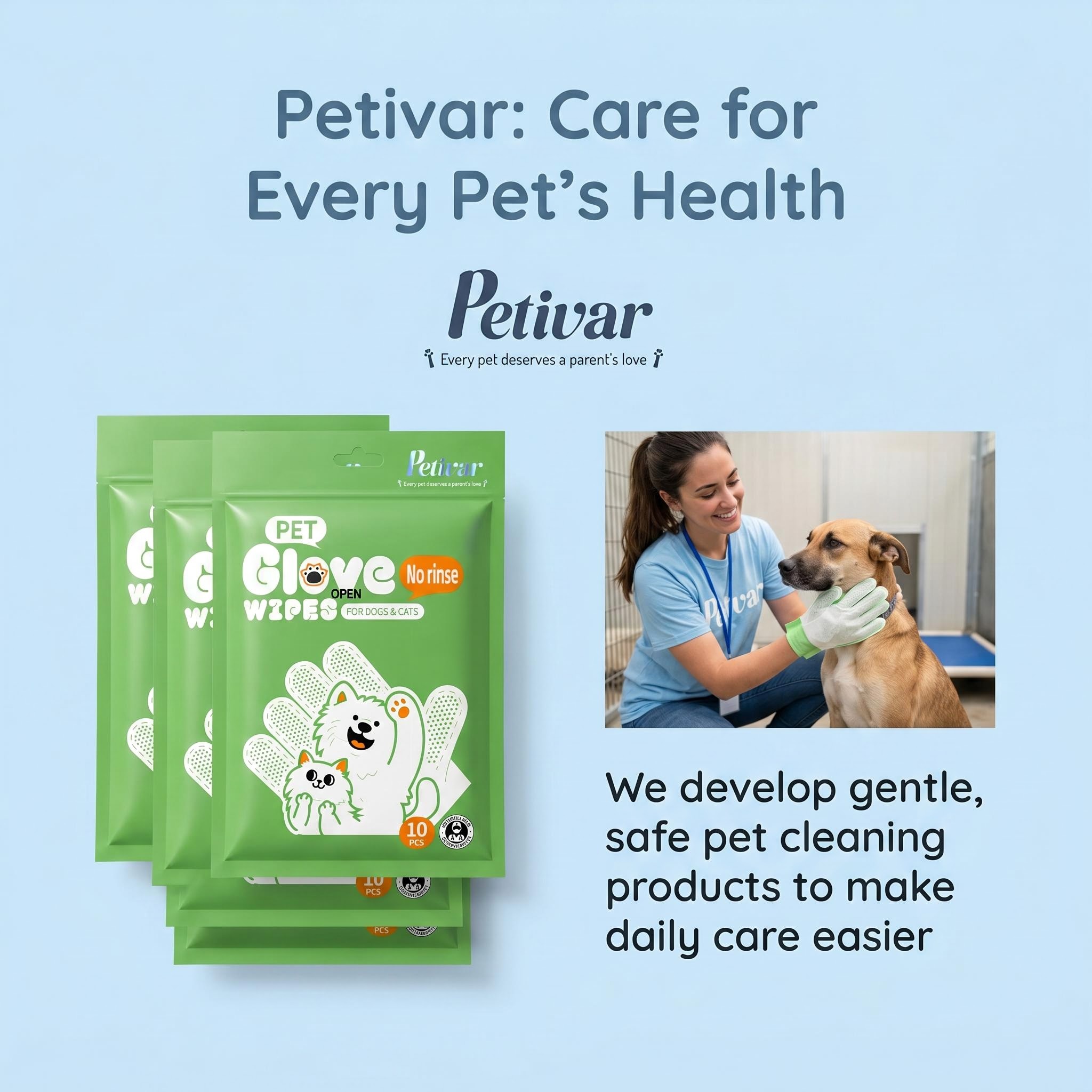 Professional Green 10 Count No-Rinse Pet Glove Wipes for Quick Body Cleaning and Coat Freshening for Dogs & Cats