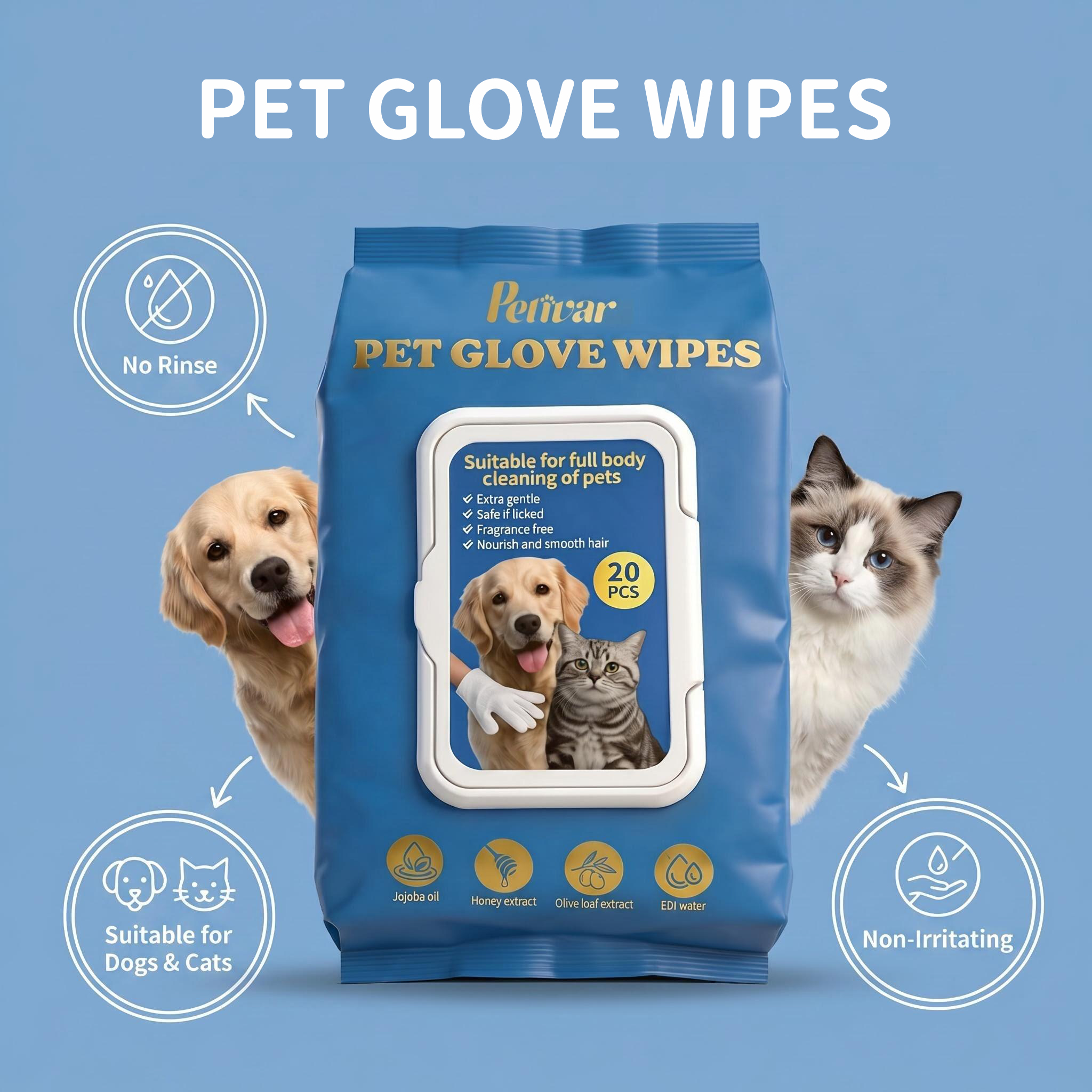 Professional No-Rinse Pet Cleaning Gloves for Eliminating Tough Odors and Extending Freshness, 20PCS