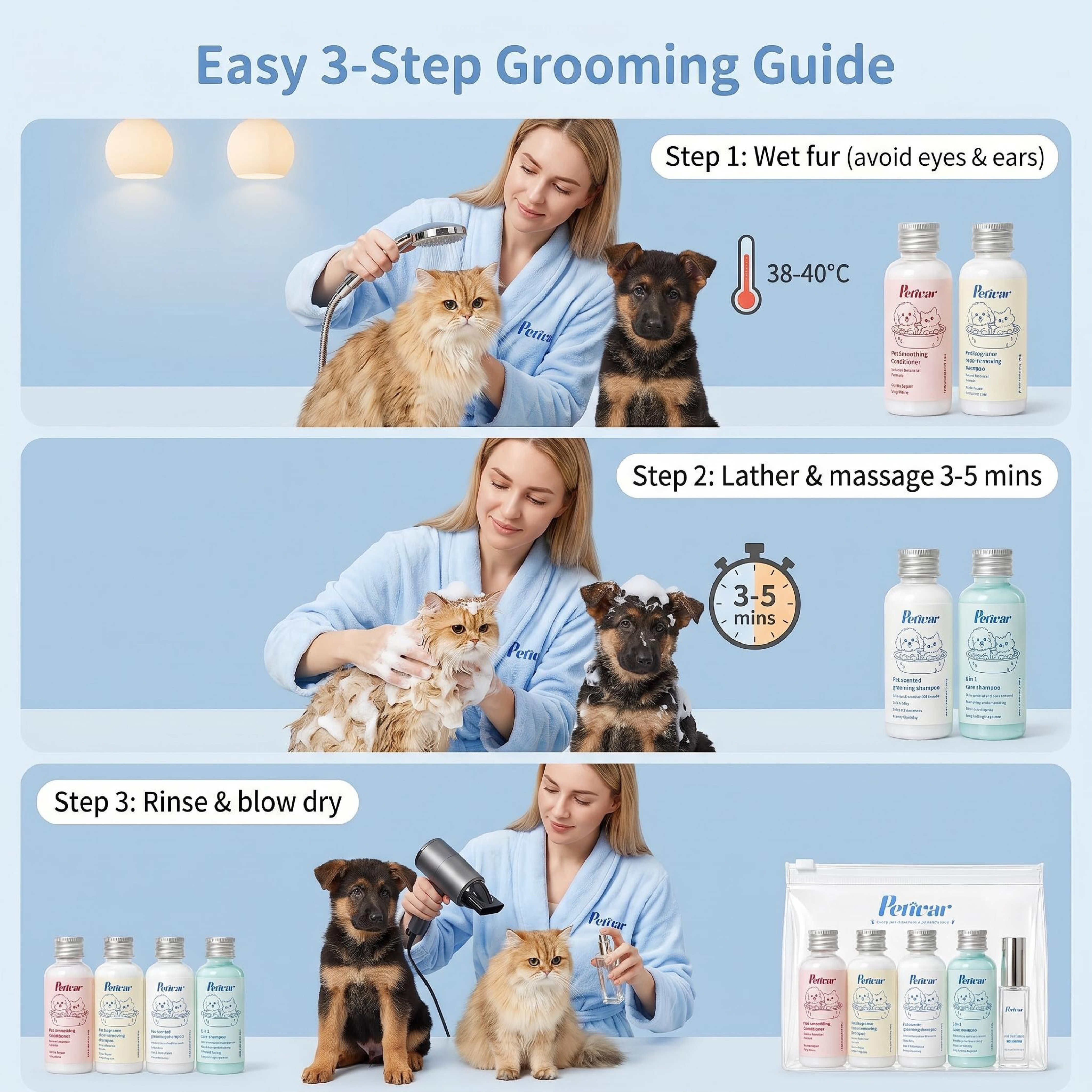 Premium Pet Grooming Travel Kit | Shampoo, Conditioner & Pet Perfume Set for Dogs and Cats